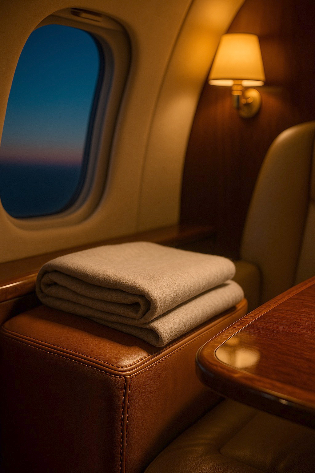 A folded pale wool blanket on a stitched leather armrest beside a walnut table edge, lit by one small cabin lamp, twilight in the window behind.