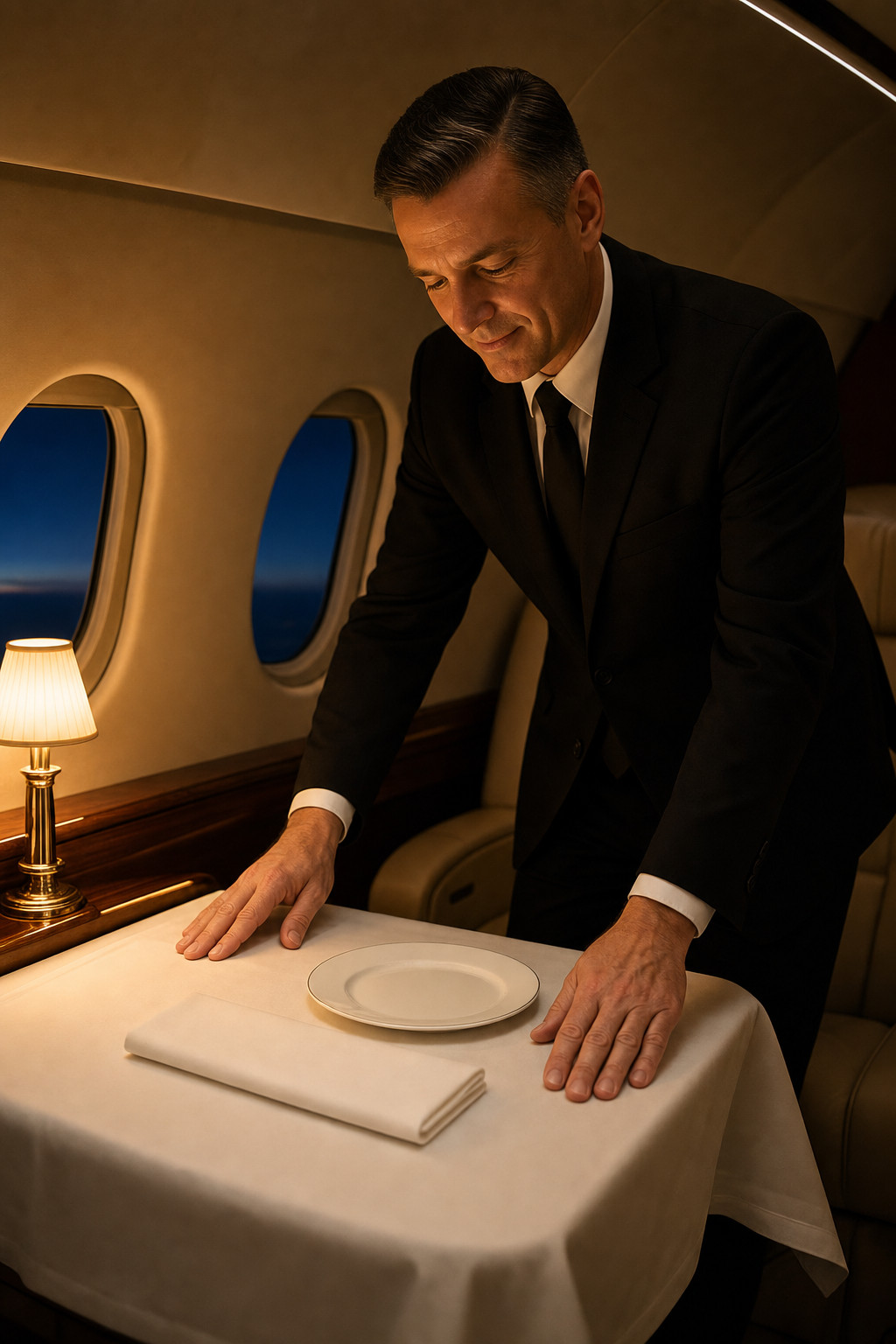 A steward in a plain dark suit setting the cabin table with white linen, his face lit by the warm lamp beside him, twilight held in the windows behind.
