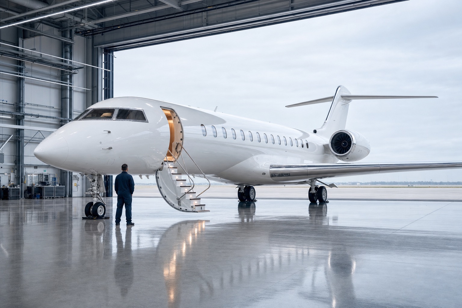 Capella in the hangar with the door rolled open to daylight: a long unmarked white aircraft, airstair down and the cabin lit warm inside, an engineer standing small at the nose.