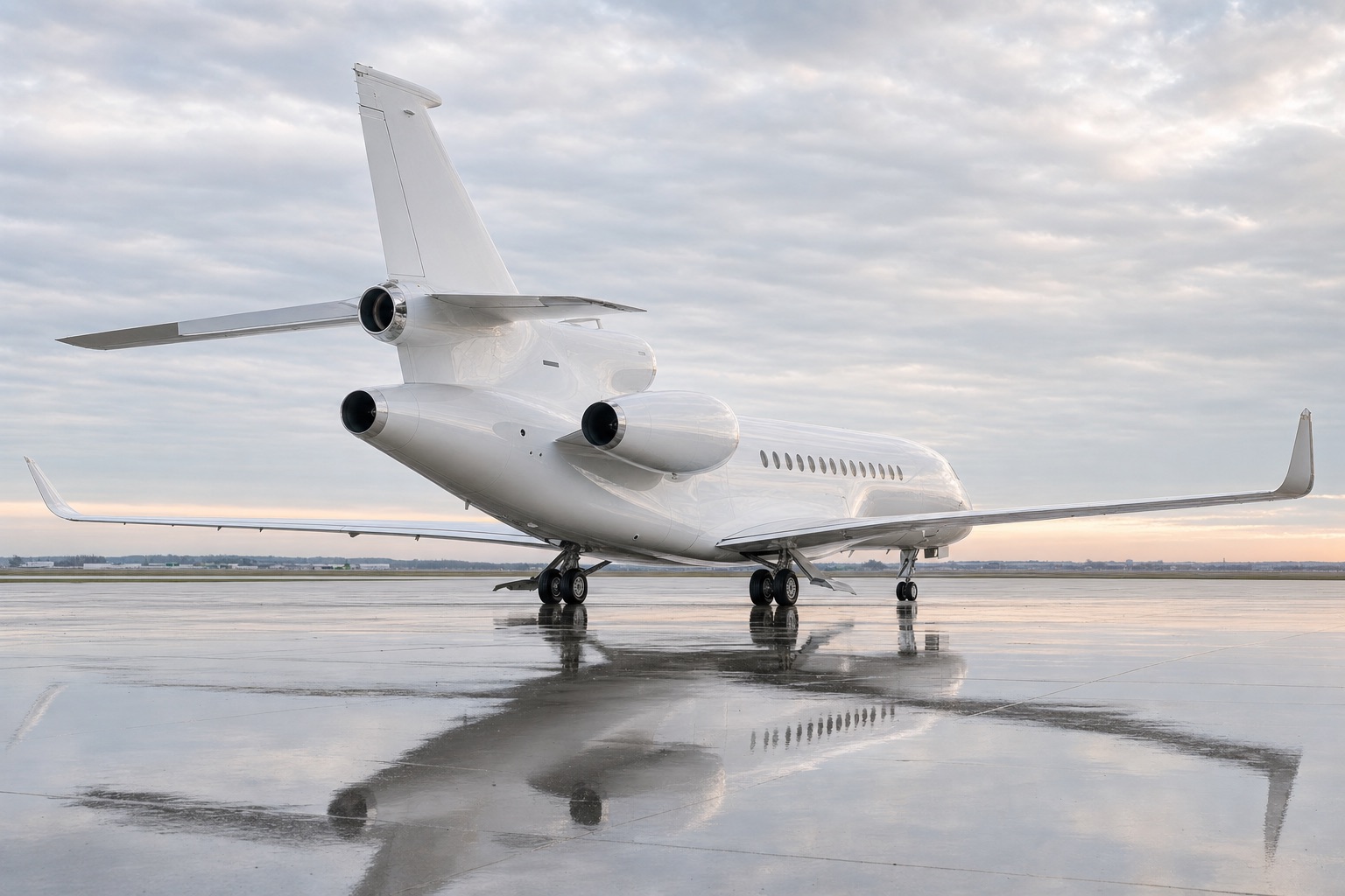 Menkalinan from behind on a wet apron, all three engines in view — two on the fuselage and the third at the root of the fin — the white airframe carrying no marking of any kind.